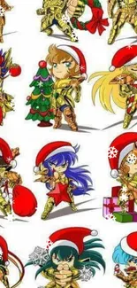 Festive anime chibi characters with holiday hats and decorations.