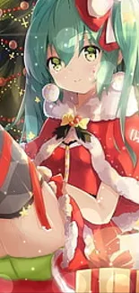 Anime Christmas scene with decorations and gifts, featuring an anime girl.