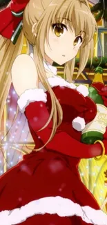 Festive anime girl in Santa outfit holding a bottle during Christmas.