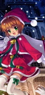 Anime character in red Santa outfit under starry sky.