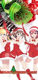 Anime characters in festive Christmas theme with red outfits.