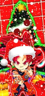 Anime character in Santa hat with gifts on a Christmas background.