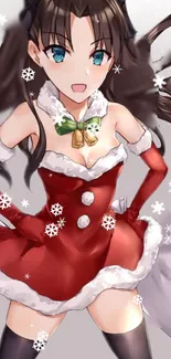 Anime girl in red Christmas dress with snowflakes.