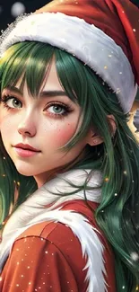 Festive anime girl with green hair in Santa hat, perfect for holiday wallpaper.