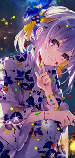 Anime girl in festive attire with confetti and fireworks.