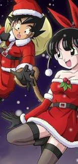 Anime characters in Christmas costumes on a festive mobile wallpaper.