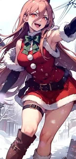 Festive anime character in a snowy setting, wearing holiday attire.