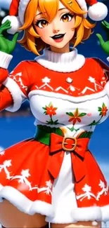 Anime character in festive Christmas outfit.