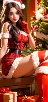 Anime character in festive Santa costume by a Christmas tree.