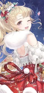 Festive anime girl with blonde hair winking among holiday decorations.