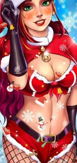 Festive anime character in red holiday costume with snowy background.