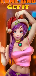 Anime character in Santa hat with festive colors.