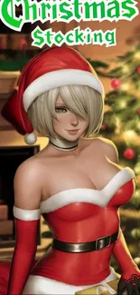 Anime character dressed in Christmas attire by festive tree.