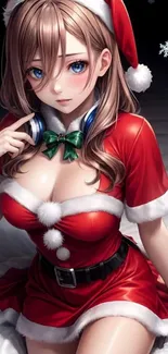 Anime girl in Santa outfit with snowflakes.