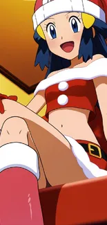 Festive anime character in Santa outfit sitting on a chair, smiling brightly.