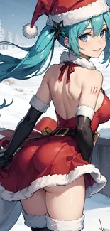 Anime girl in Santa outfit with snowy background.