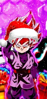 Anime character in Santa hat with gifts on a vibrant purple background.