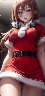 Anime character in red festive outfit with headphones.