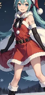 Festive anime character in Santa dress with snowy winter background.