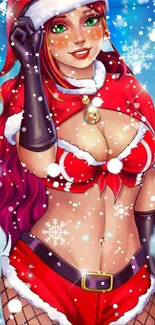 Festive anime character posing in snowy holiday setting.