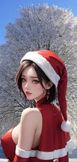 Anime character in red Christmas outfit with snowy tree background.