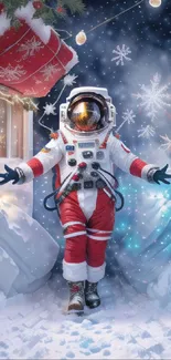 Astronaut in Santa suit with snowflakes in winter scene.