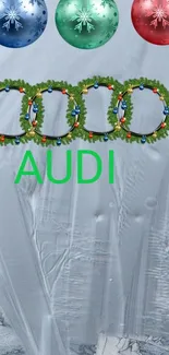 Audi Christmas wallpaper with ornaments and wreaths.