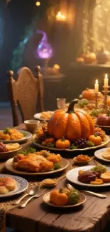 A beautifully decorated autumn table with pumpkins and candles.