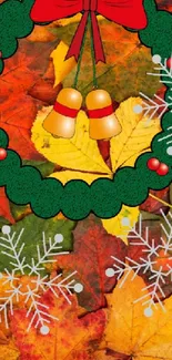 Festive wreath on colorful autumn leaves background with Christmas accents.