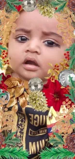 Festive baby in Christmas-themed frame with ornaments and greenery.