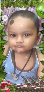 Cute baby with festive frame and toys in background.