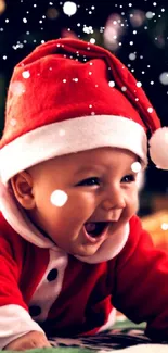 Smiling baby in Santa suit with festive background.