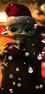 Baby Yoda in Santa hat surrounded by festive decorations.