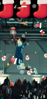 Basketball player dunking with Christmas decorations overlay.