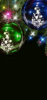 Festive Christmas baubles with colorful lights on green branches.