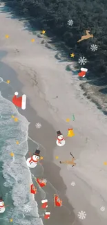 Festive beach wallpaper with snowmen, reindeer, and Santa hats on a sunny coast.