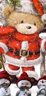 Festive teddy bear with snowmen in snowfall scene.