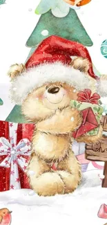 Festive teddy bear with gifts and a Christmas tree in the background wallpaper.