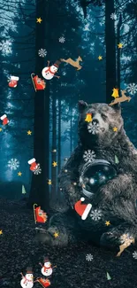 Bear sits in a festive, decorated forest with snowflakes and holiday symbols.