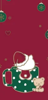 Cute teddy bear with hot chocolate in a festive maroon background with holiday decor.