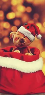 Teddy bear in Santa sack against a golden bokeh background.