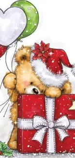 Cute teddy bear with Santa hat, balloons and gift box.