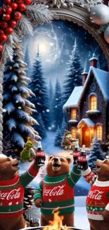 Festive bears celebrate in snowy winter scene.