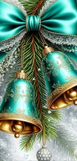 Turquoise holiday bells with satin bow and pine.