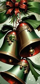 Festive bells with ribbons and holly.