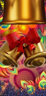 Golden bells with a red bow on a vibrant psychedelic background.