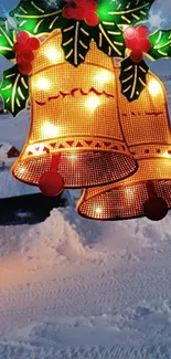 Festive glowing bells with red holly on snow background.