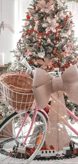 Pink bicycle with burlap bow by a decorated Christmas tree.