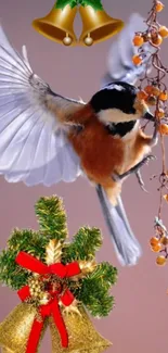 Bird in flight amidst festive decorations with a pastel pink background.