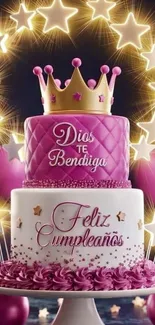 A festive birthday cake with stars and a crown topper.